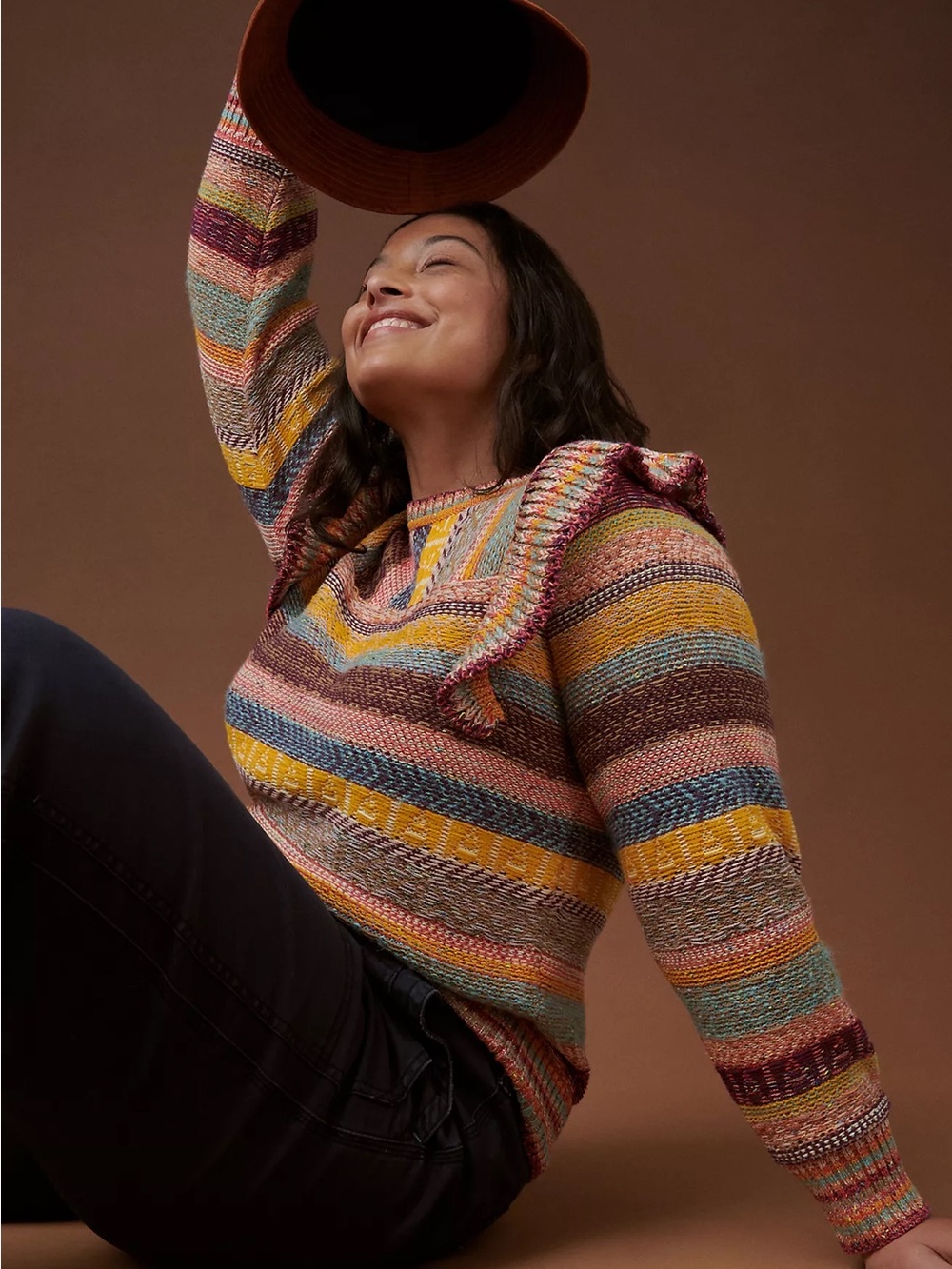 Pilcro Striped Ruffle-Shoulder Crewneck Sweater in Pink, Blue & Yellow 2X - Picture 5 of 11
